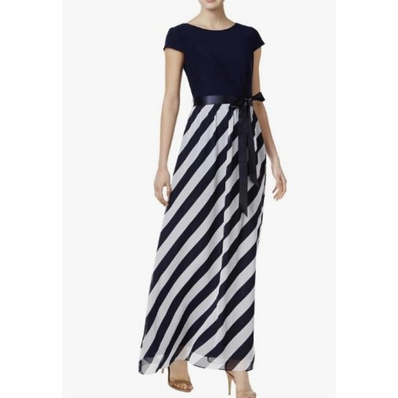 SLNY Maxi Dress Womens 8 Nautical Navy Stripes Chiffon Flowy Loose Preppy Spring - Picture 1 of 16